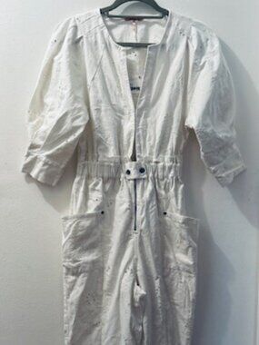 Free People Loving You Ivory Floral Eyelet Embroidery V Neck Snap Jumpsuit NWT